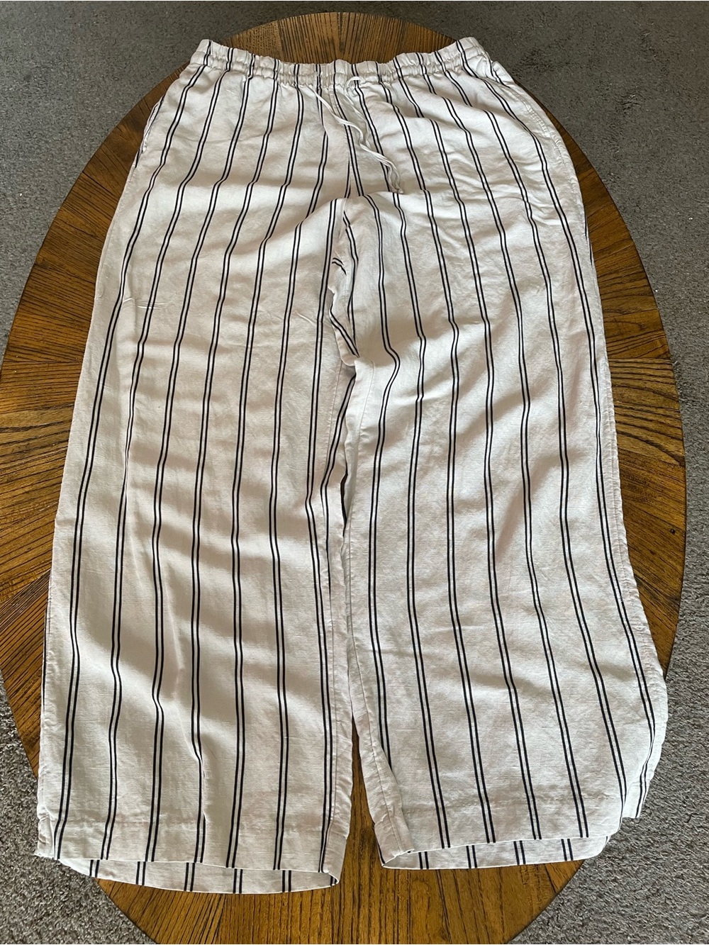 H&M Linen Blend Wide-Leg Pants with Navy Pinstripes